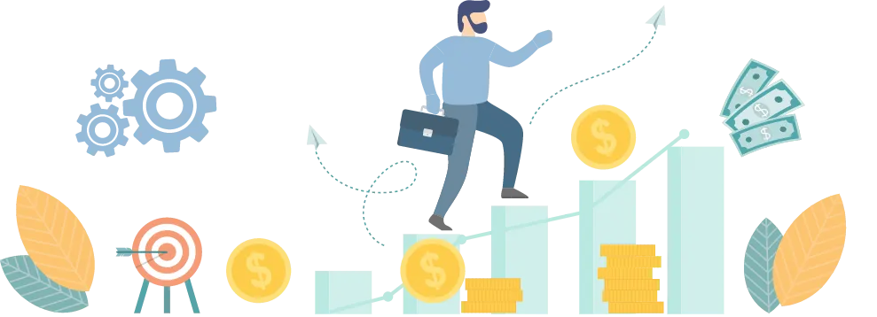 A person stepping on a graph with money and coins, indicating financial advancement through Best Budget personal finance application.